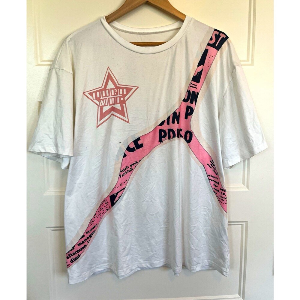 Men's White Crew Neck Short Sleeve Graphic Print T-Shirt Pink/Black M/L